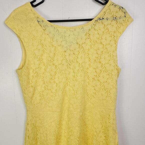 Connected Apparel Dress Womens 12 Lemon Yellow Lace Midi V Back Lined - Picture 3 of 8